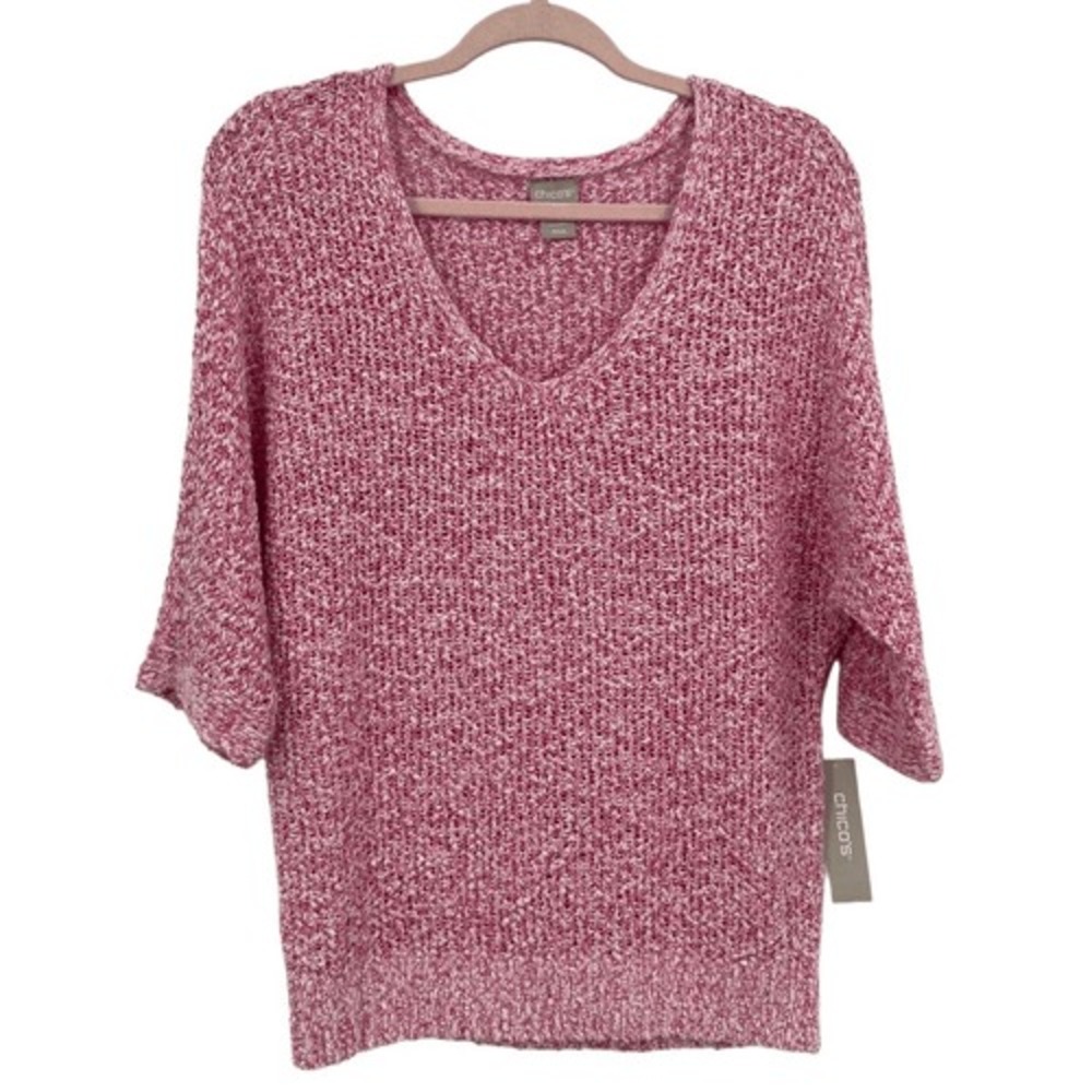 Chico's Pullover V-neck Tape Yarn 3/4 Sleeve Sweater Summer Berry Small/4